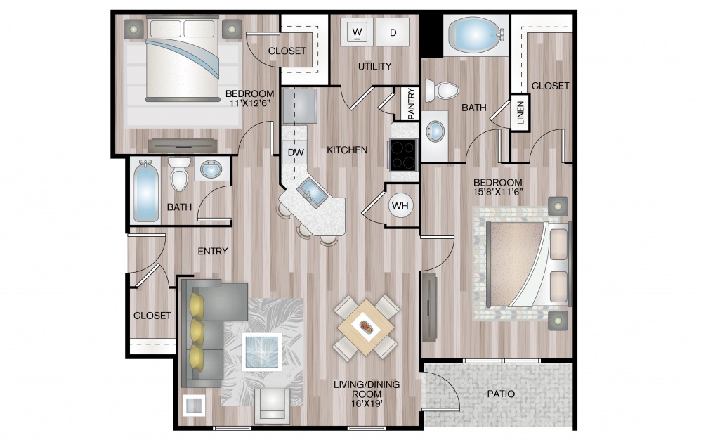 Esperanza - 2 bedroom floorplan layout with 2 baths and 1097 square feet.