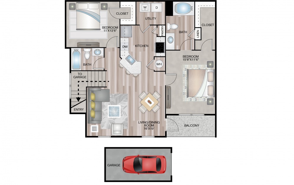 Ash - G - 2 bedroom floorplan layout with 2 baths and 1149 square feet.