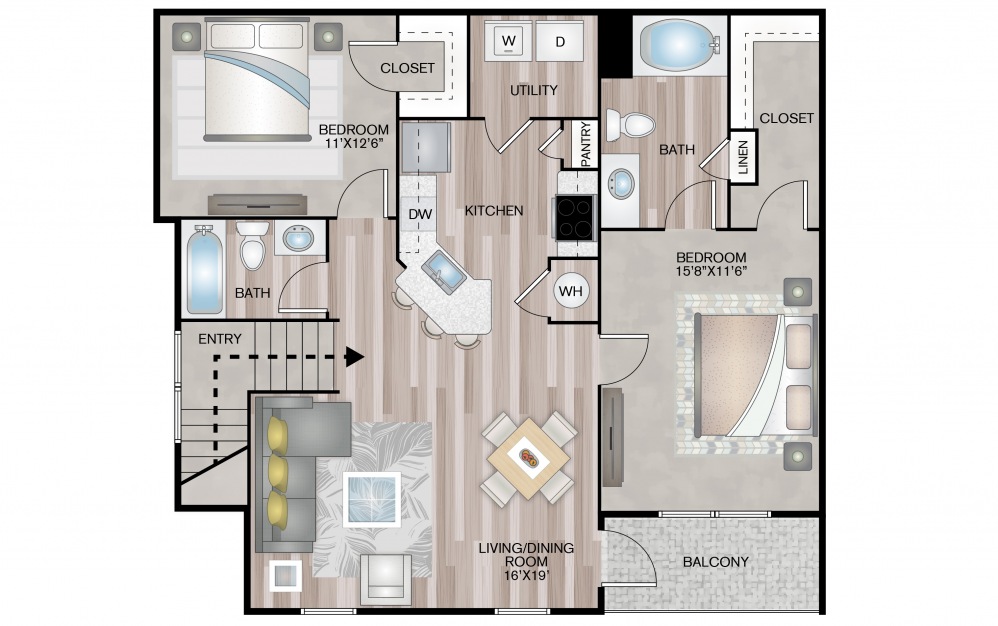 Ash - 2 bedroom floorplan layout with 2 baths and 1149 square feet.