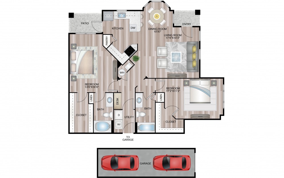 Sago - G - 2 bedroom floorplan layout with 2 baths and 1327 square feet.