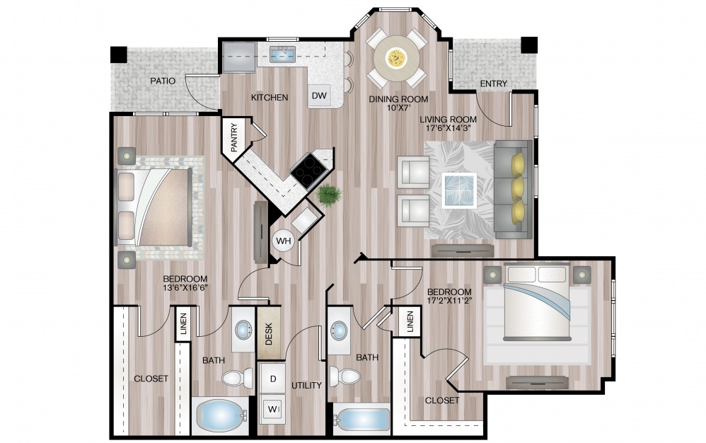 Sago - 2 bedroom floorplan layout with 2 baths and 1327 square feet.