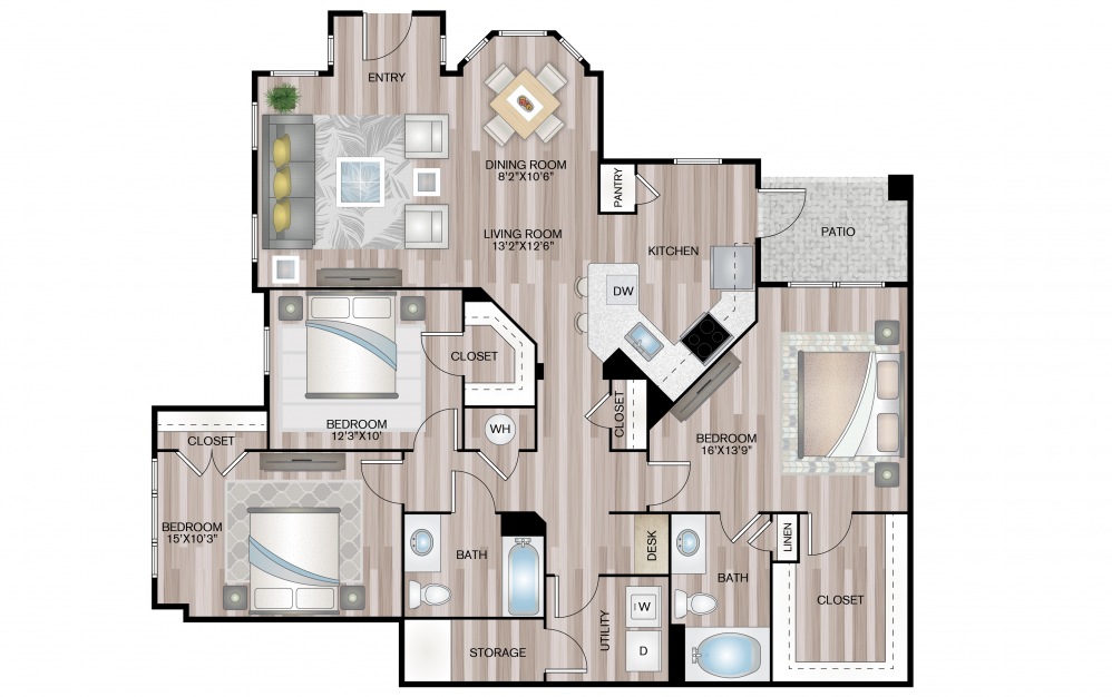 Linden - 3 bedroom floorplan layout with 2 baths and 1447 square feet.