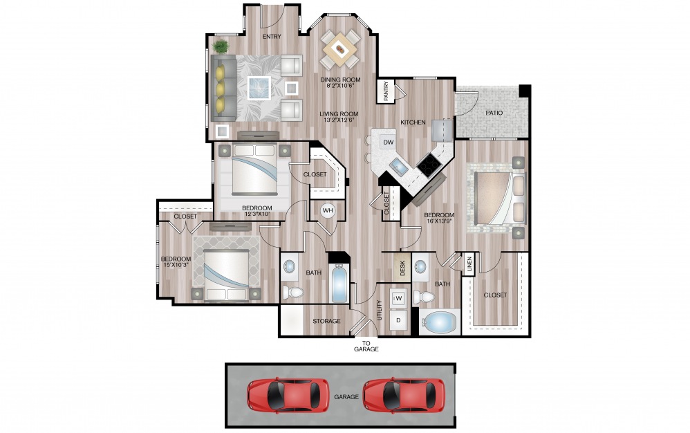 Linden - G - 3 bedroom floorplan layout with 2 baths and 1447 square feet.