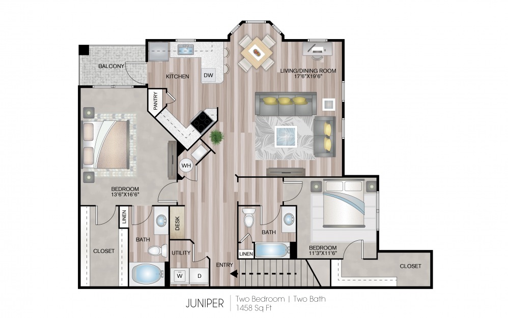 Juniper - 2 bedroom floorplan layout with 2 baths and 1458 square feet.
