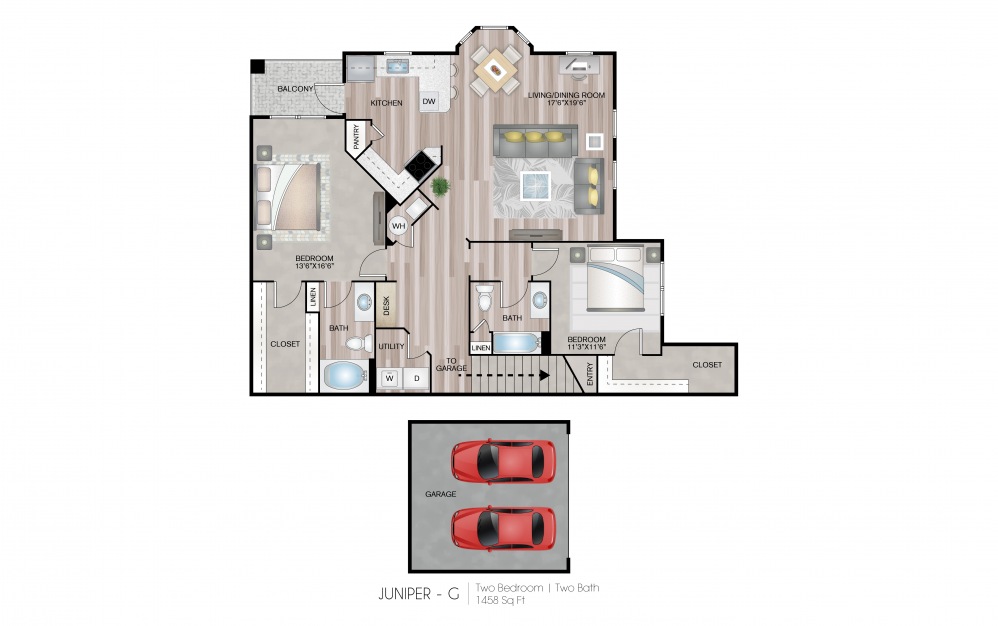 Juniper - G - 2 bedroom floorplan layout with 2 baths and 1458 square feet.