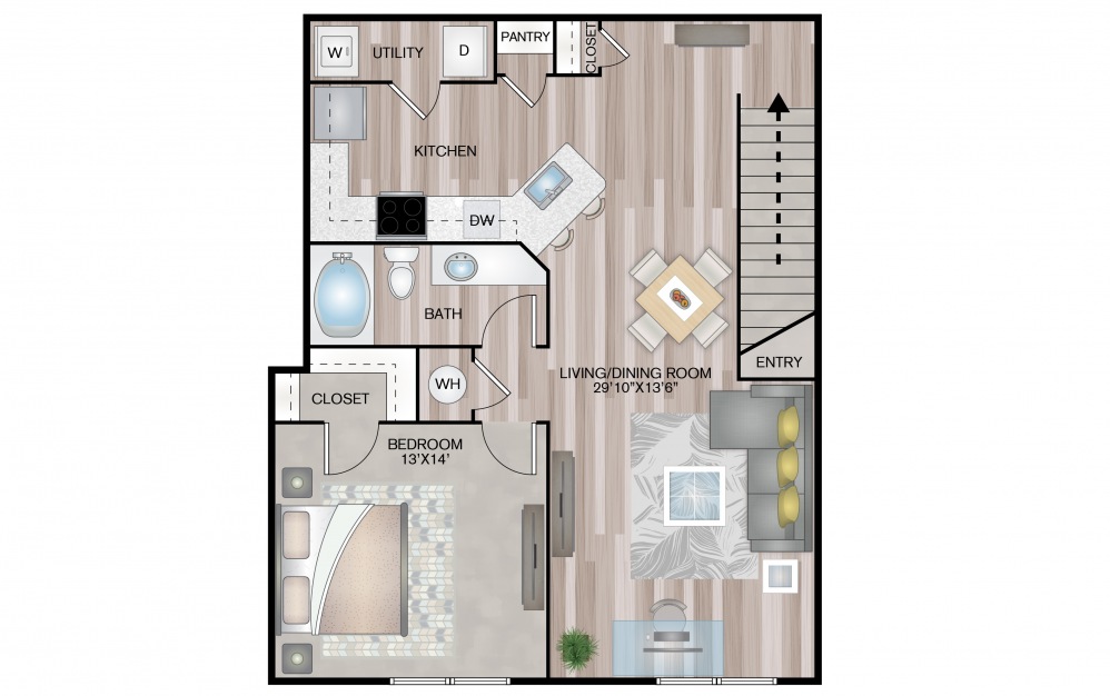 Elm - 1 bedroom floorplan layout with 1 bath and 970 square feet.