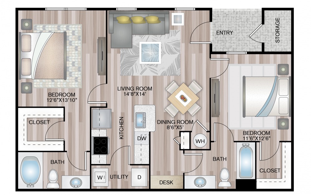 Jasmine - 2 bedroom floorplan layout with 2 baths and 985 square feet.
