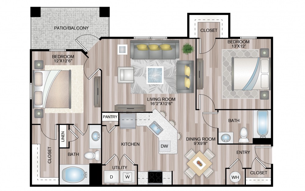 Verbena - 2 bedroom floorplan layout with 2 baths and 985 square feet.