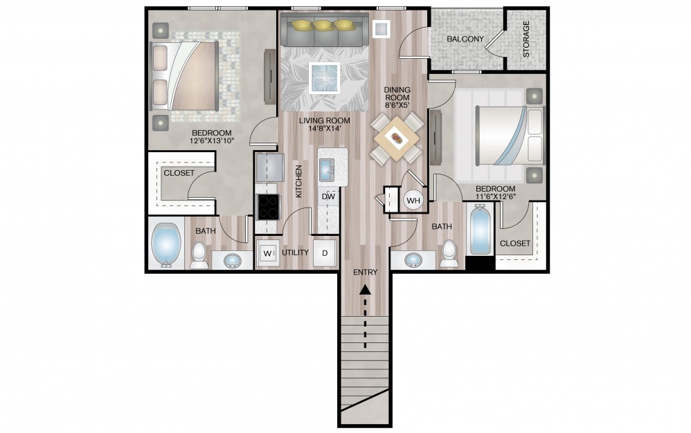 Terra - 2 bedroom floorplan layout with 2 baths and 997 square feet.