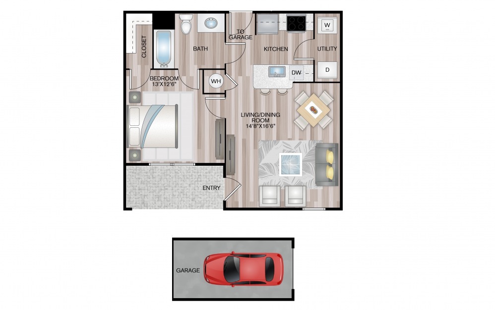 Indigo - 1 bedroom floorplan layout with 1 bath and 667 square feet.