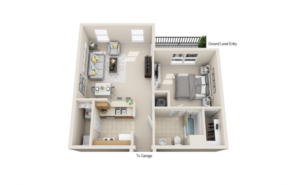 A1-LG - 1 bedroom floorplan layout with 1 bath and 667 square feet.